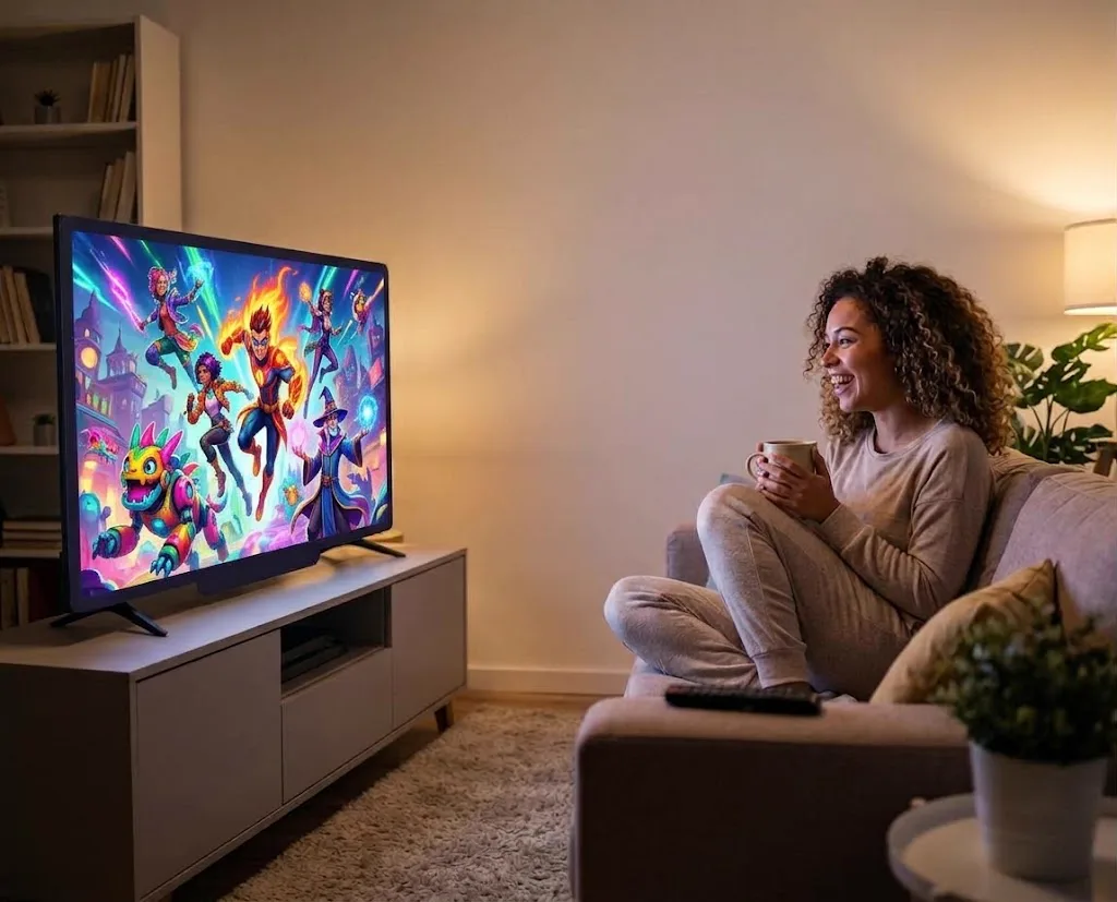 Mujer sonriendo mientras ve televisión en la sala de su casa