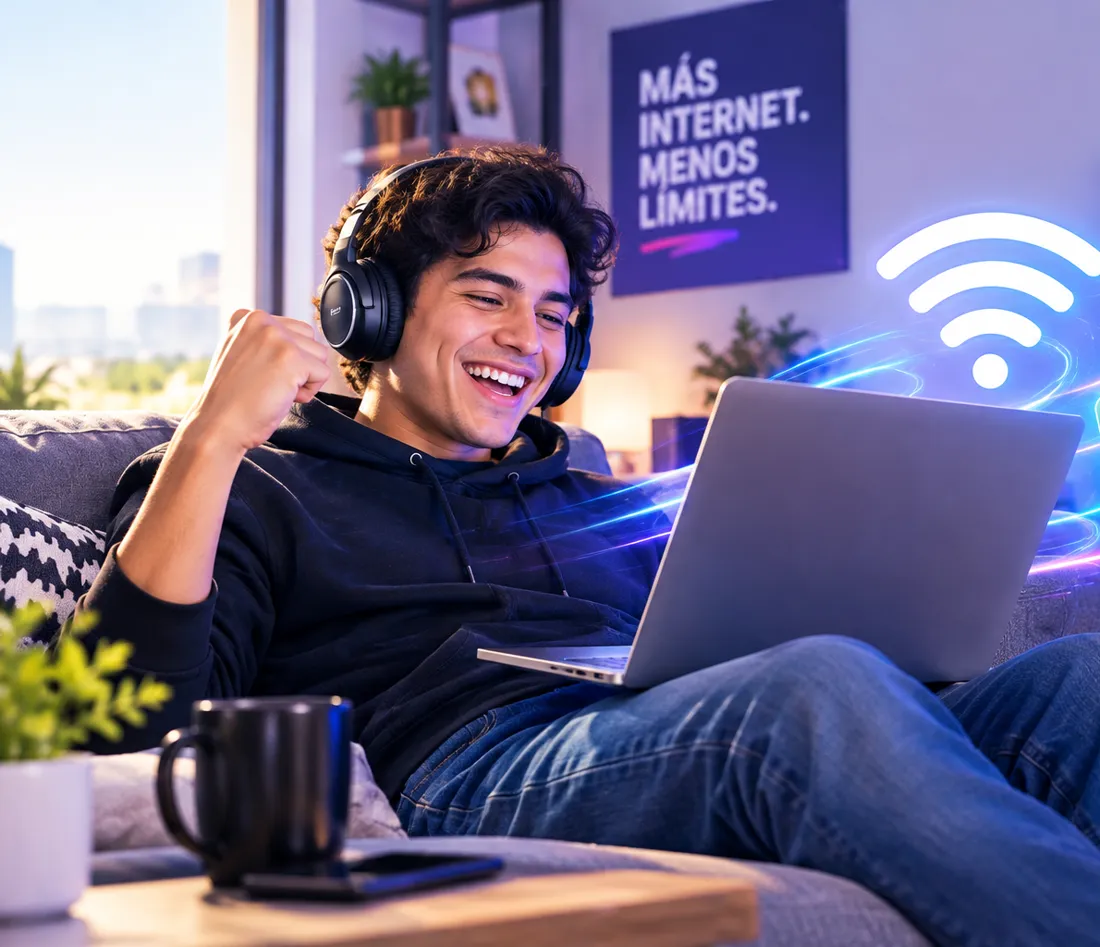 Joven feliz usando su laptop con internet en la sala de su casa